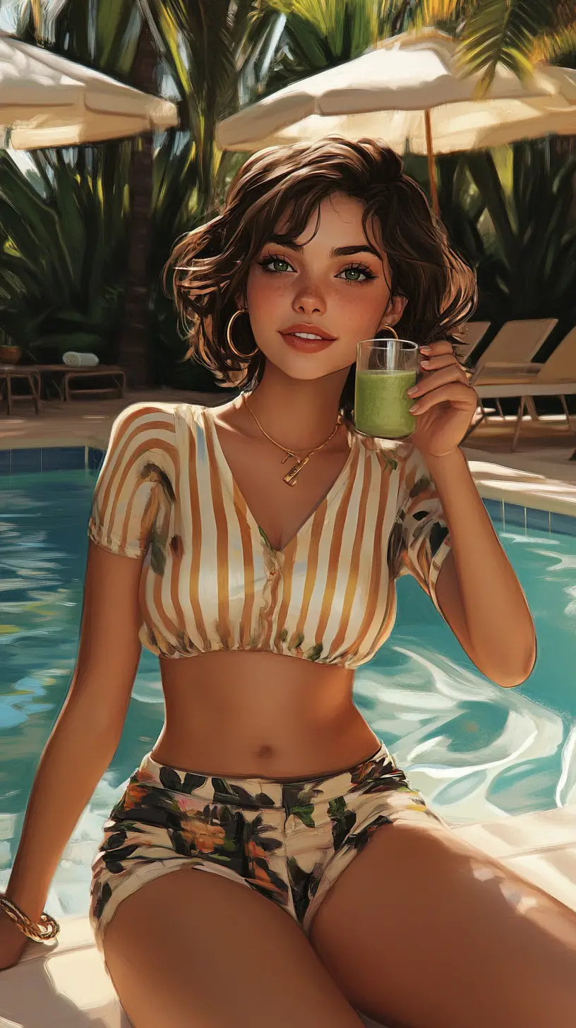 Girl relaxing by a tropical pool with a green smoothie