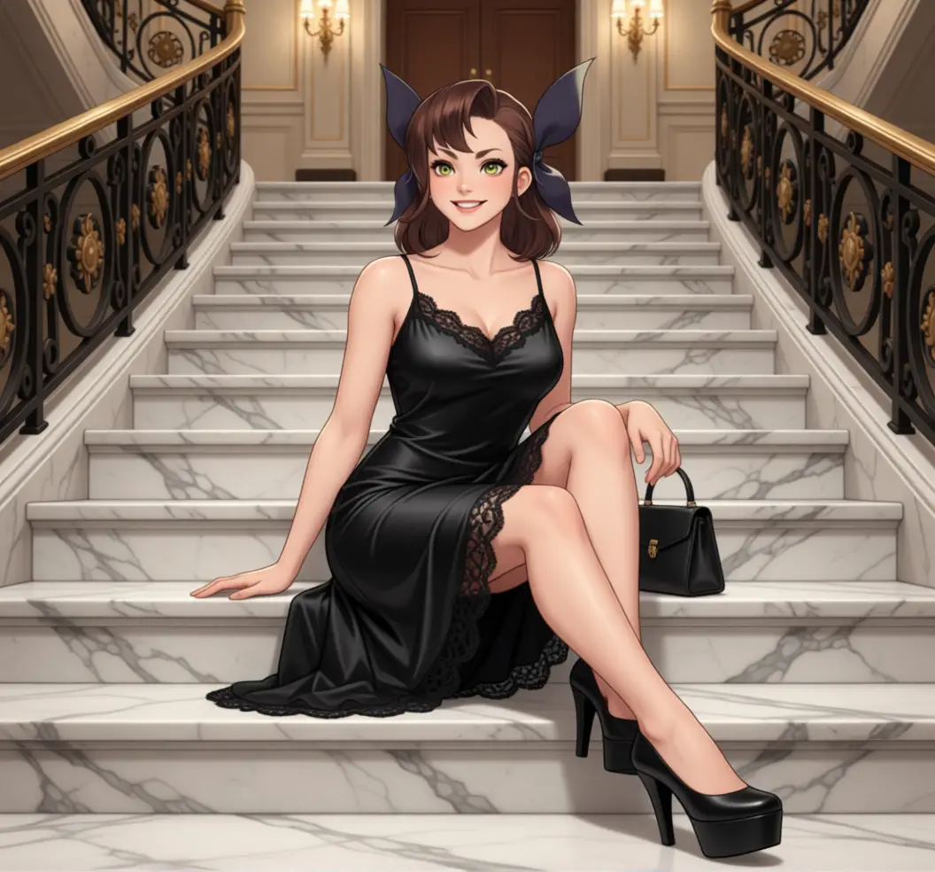 Elegant woman in black satin dress on marble staircase