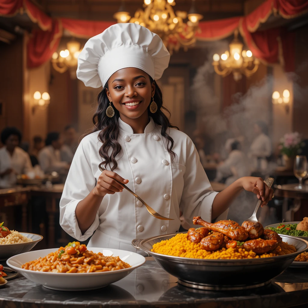 African chef teaching cooking class in event hall