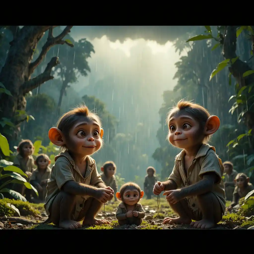 Two small monkeys in old clothes in a lush jungle