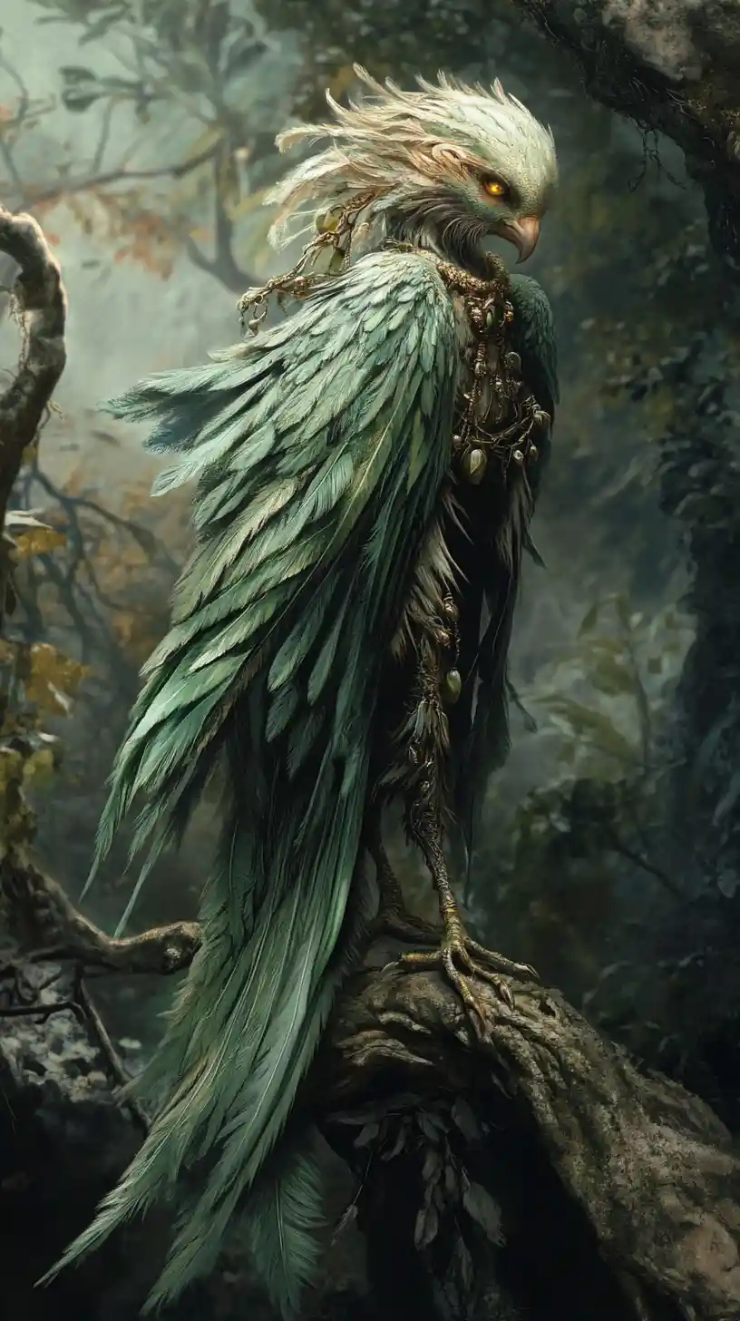 Elegant green fairy with human face standing on a branch