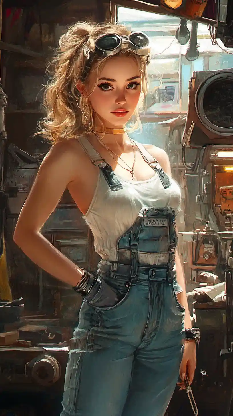 Mécanicienne fantastique dans un atelier auto steampunk urbain