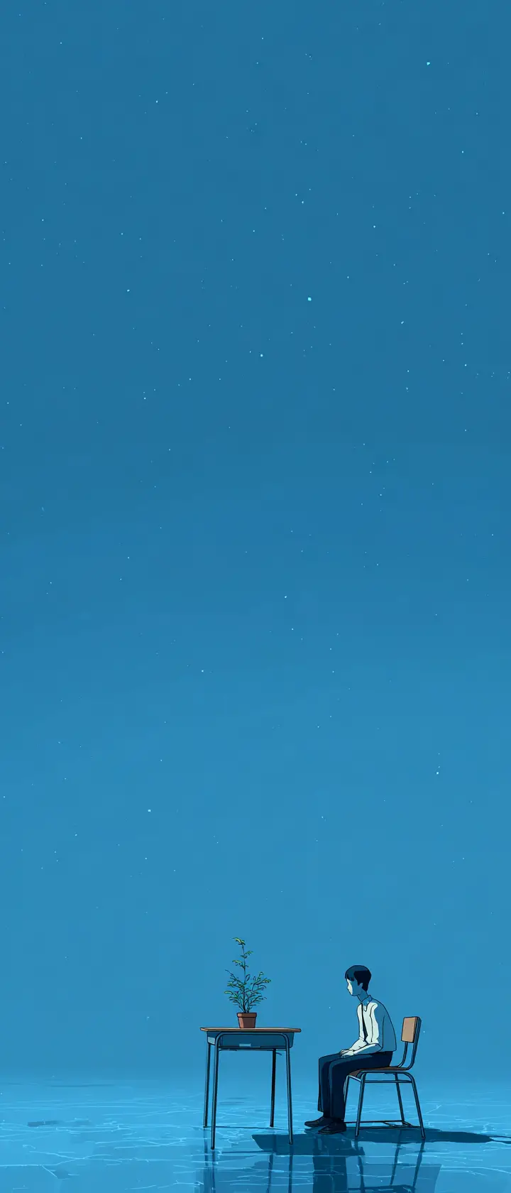 Student At School Desk In Endless Blue Void