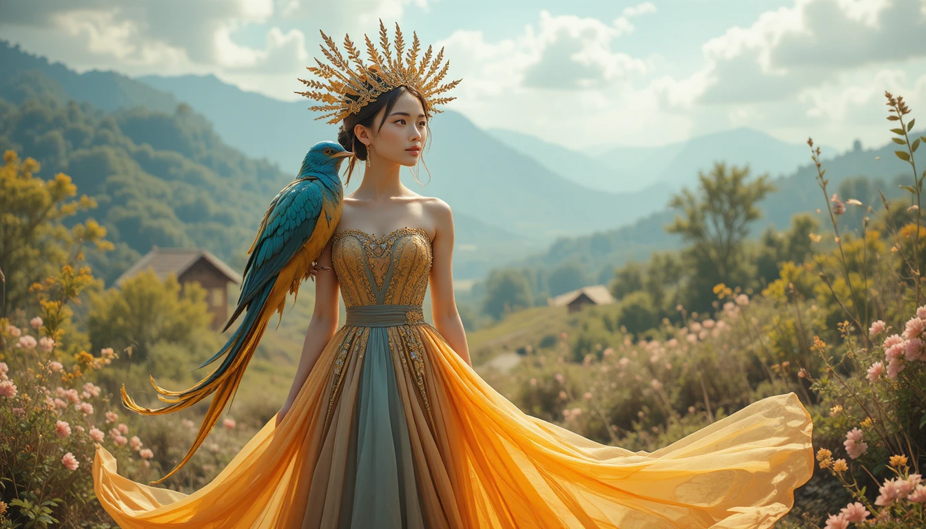 Young woman in long dress crowned in peaceful nature
