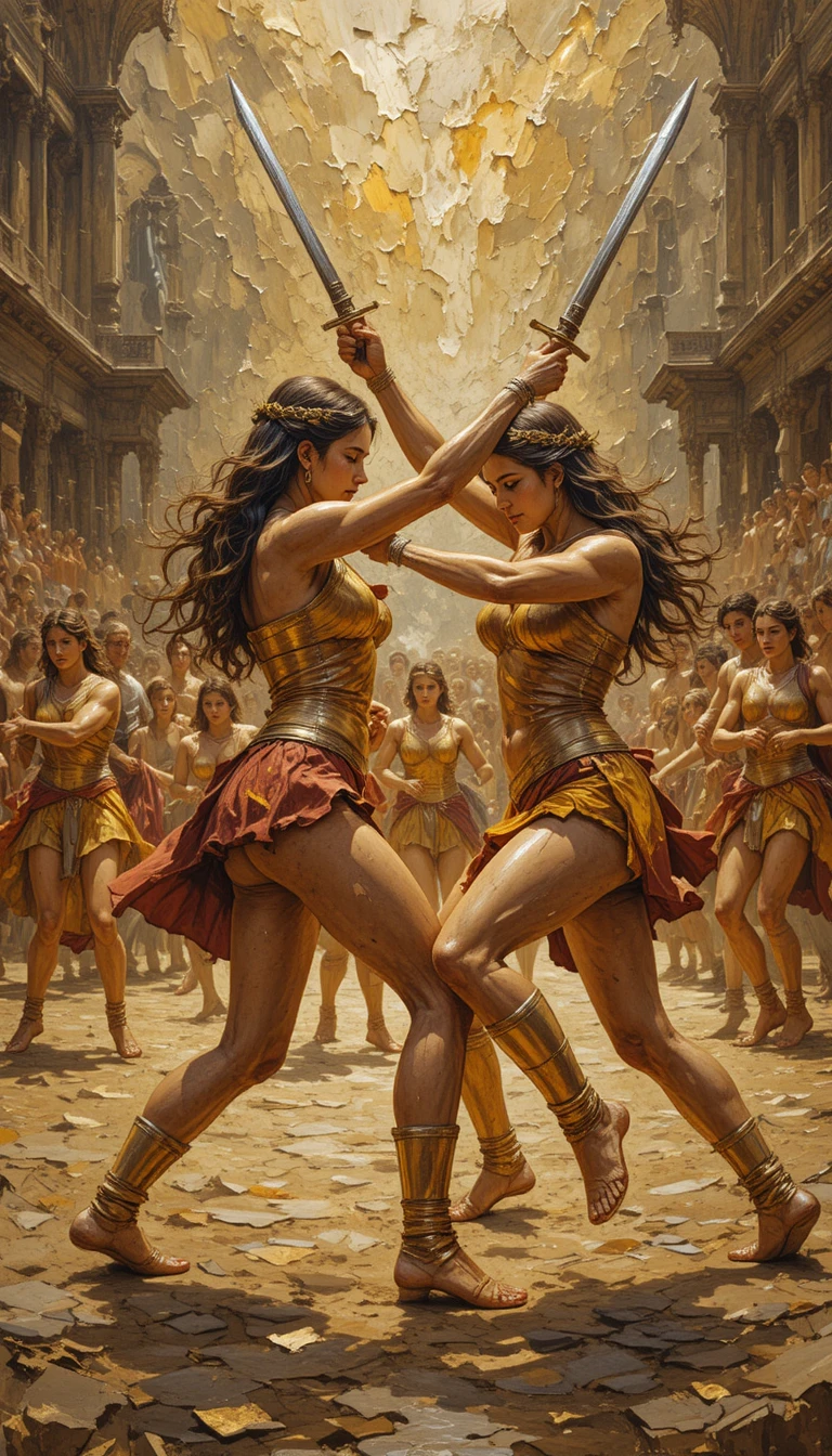Gladiadoras se enfrentan con espadas cortas en una arena bañada por el sol