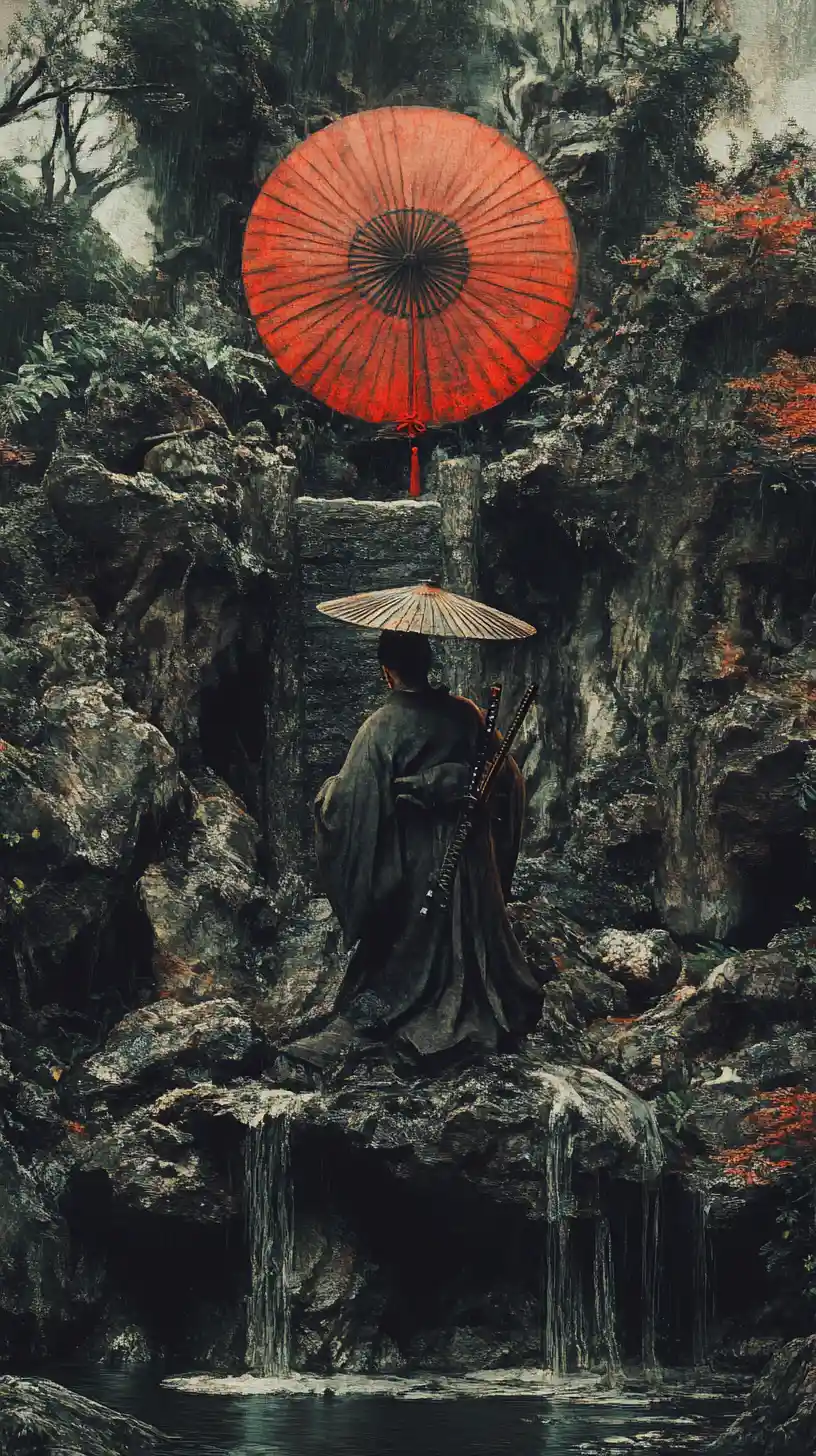 Surrealer Samurai in einer dunklen Märchen-Fantasy-Illusionsszene