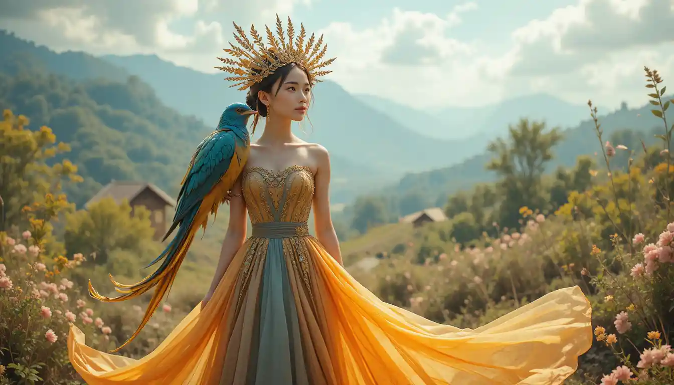 Young woman in long dress crowned in peaceful nature