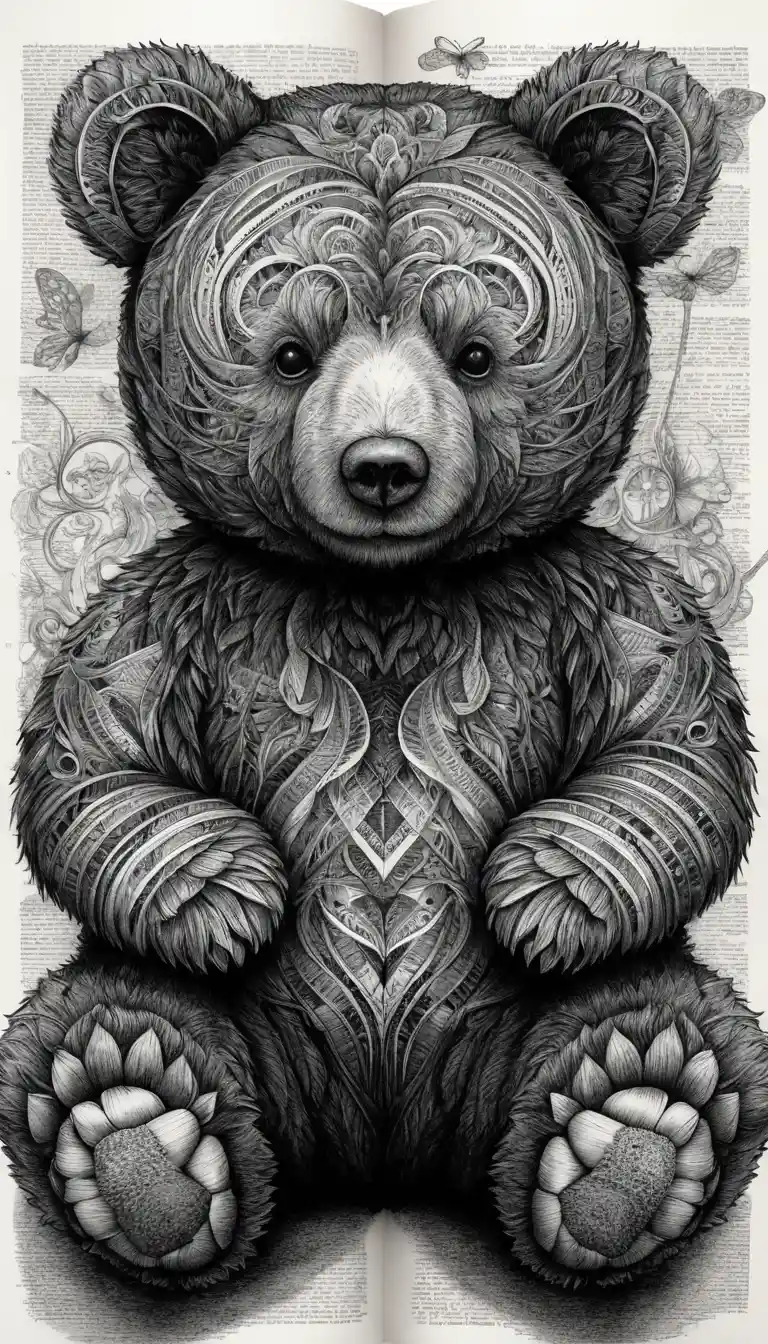 Intricate Ink Teddy Bear Formed From Stacked Book Elements