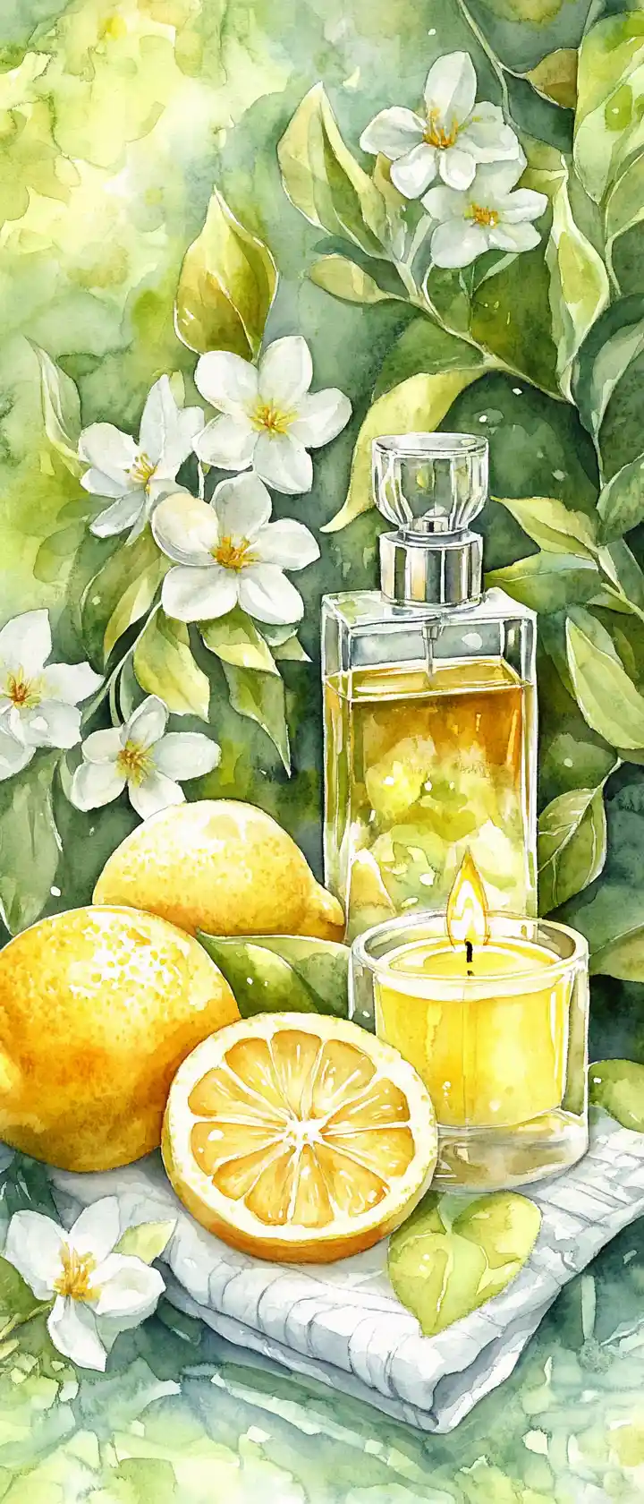 Watercolor Lemons With Blossoms Candle And Perfume Bottle