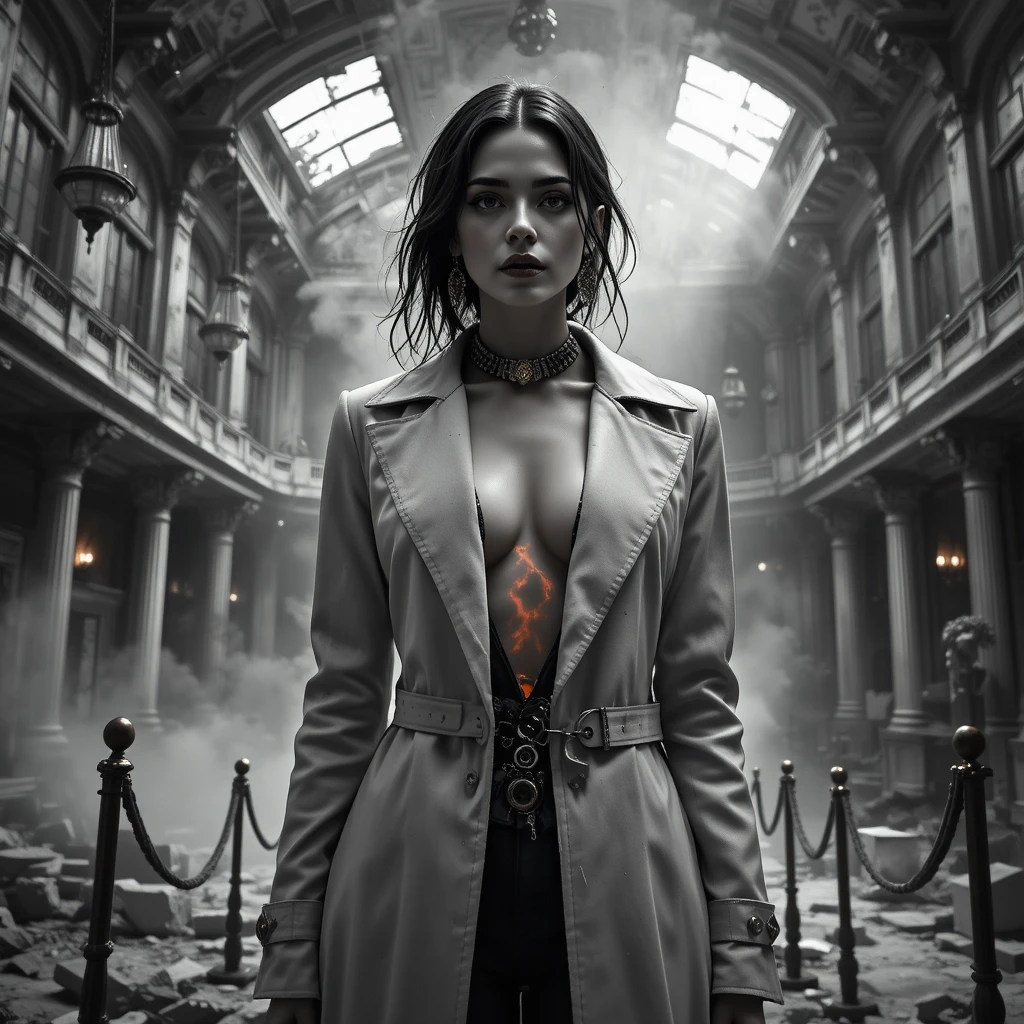 Noir woman in ruined opera house foyer with crimson accents