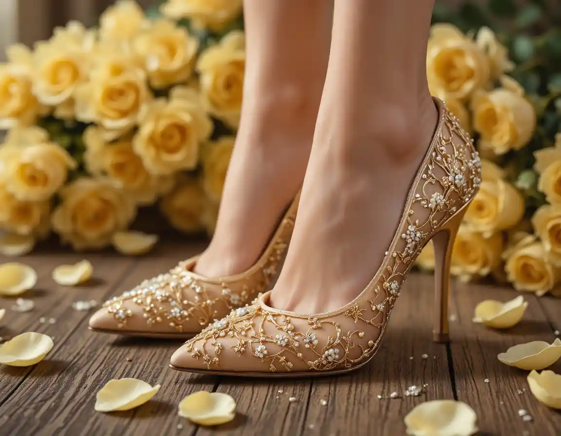 Elegant gold high heels among rose petals and flowers