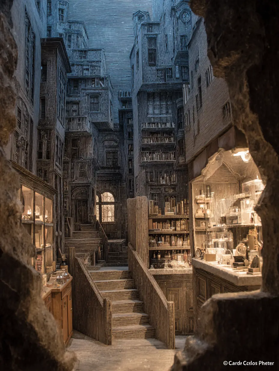 Layered paper box artwork with dramatic spatial depth