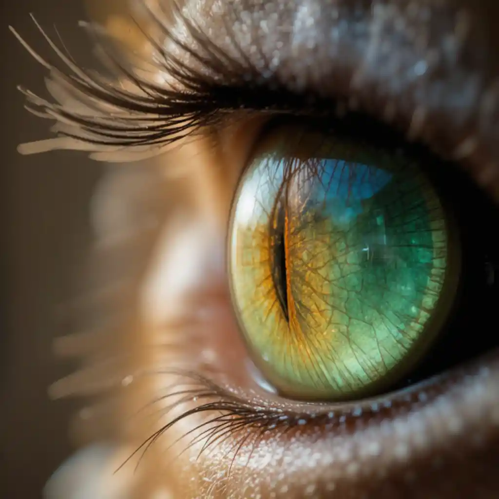 Extreme close up of a cat eye in warm soft light