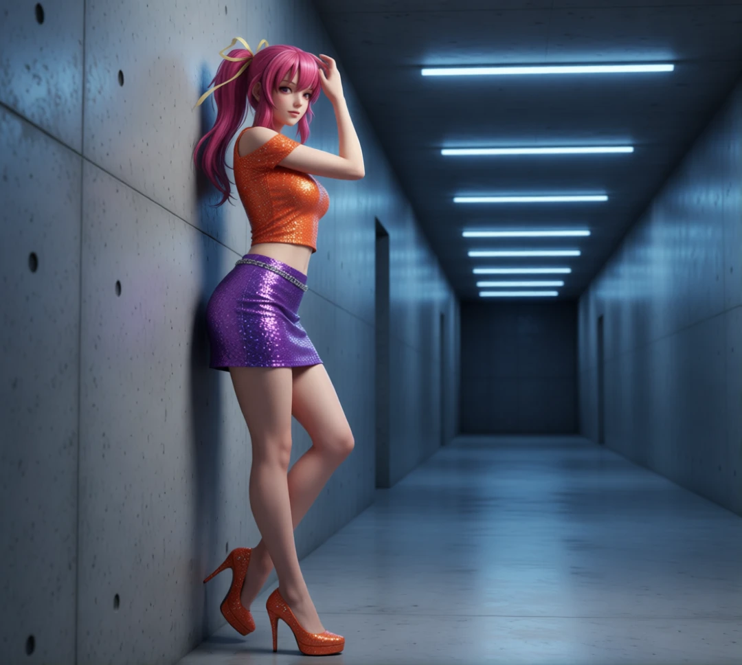 Confident woman posing in blue lit concrete hallway