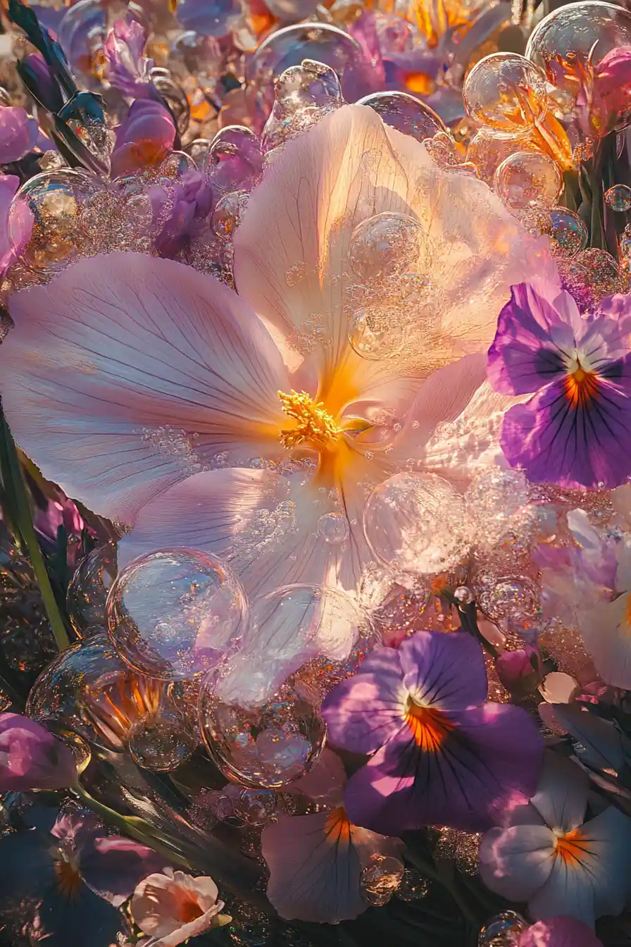 Glowing light bubbles around a large lilac flower
