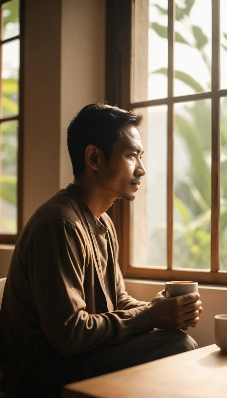Indonesischer Mann mit Morgenkaffee am sonnenbeschienenen Fenster