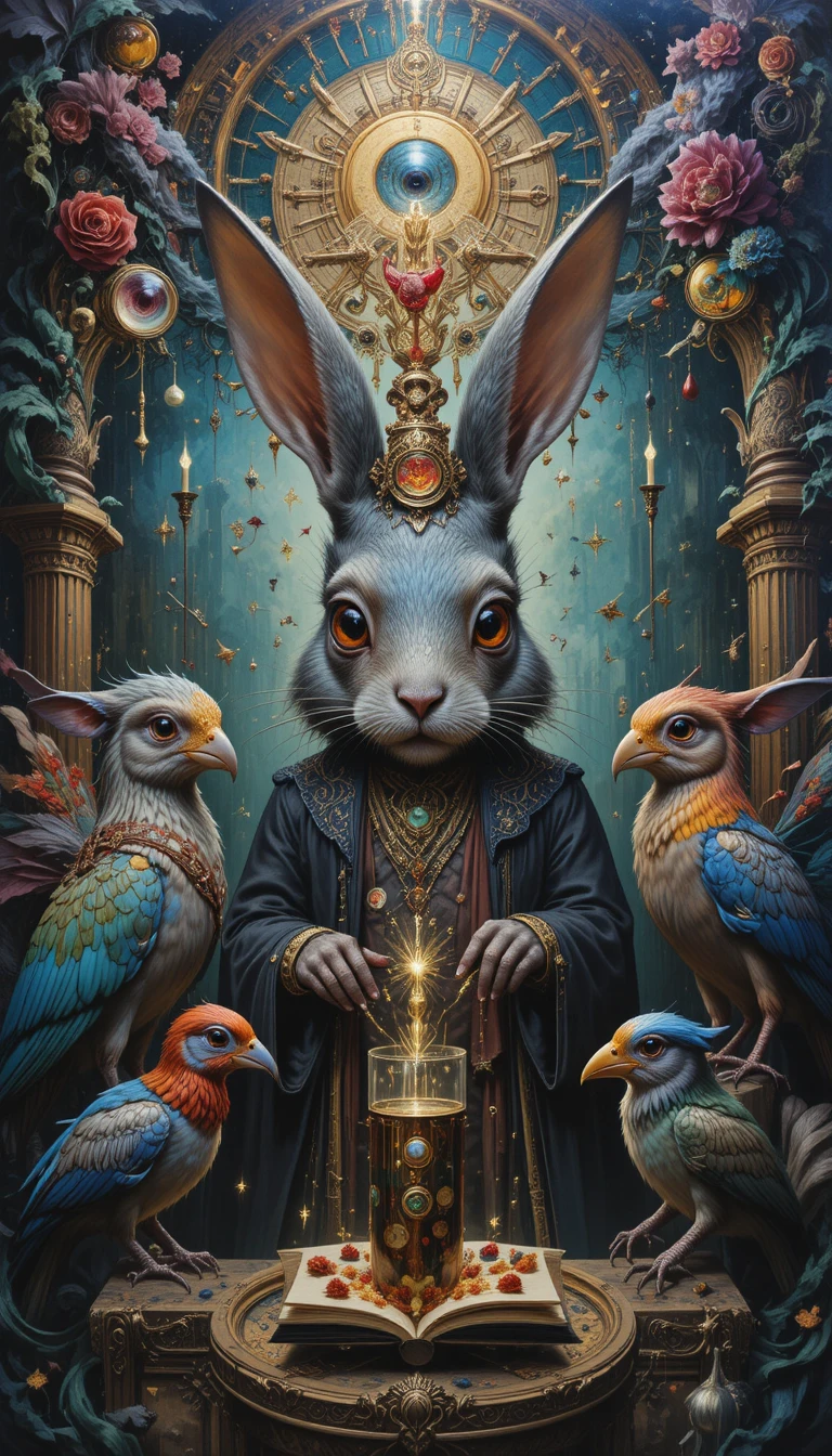 Surreal alchemist rabbit in a mysterious fantasy universe