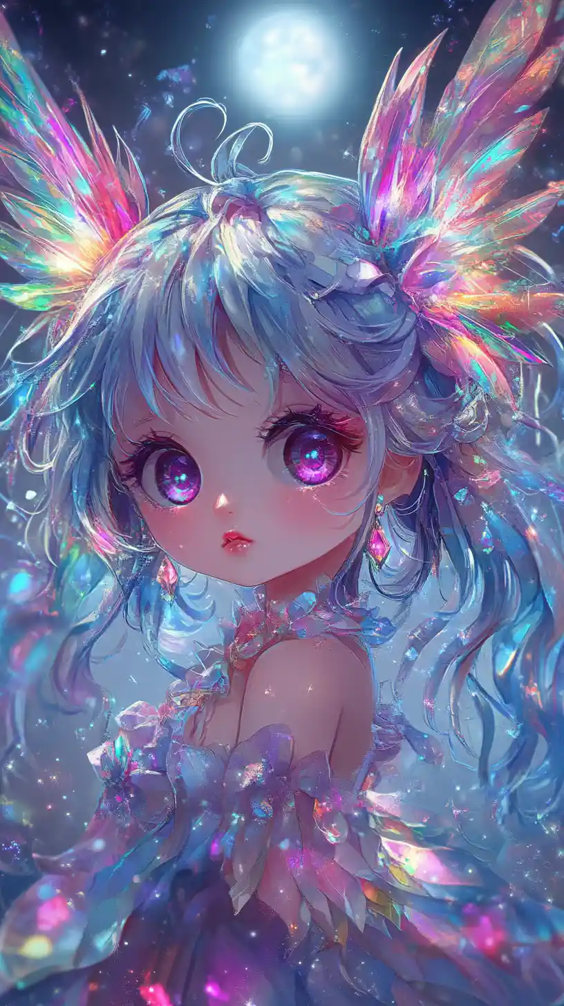 Chibi anime girl under luminous moon with stained glass wings