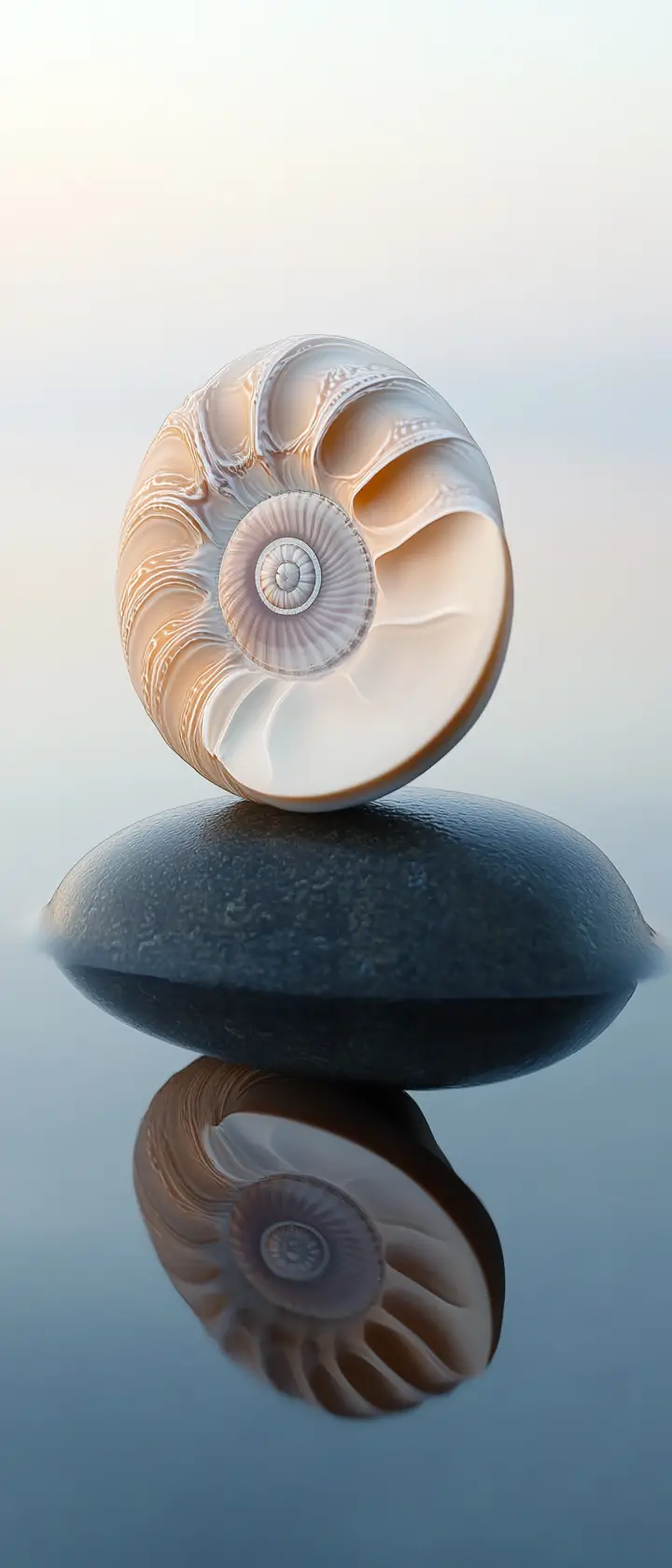 Nautilus Shell On Dark Stone Beside A Still Twilight Lake