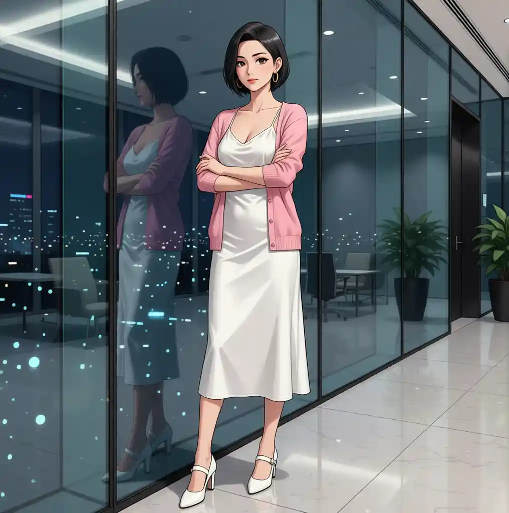 Confident woman in white satin dress in modern office lobby