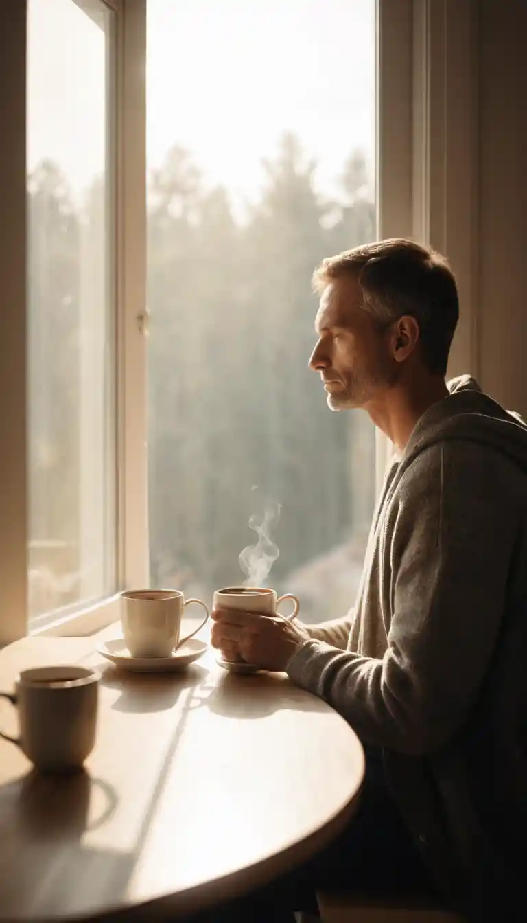 Adulto con caffè del mattino accanto a una finestra illuminata dolcemente