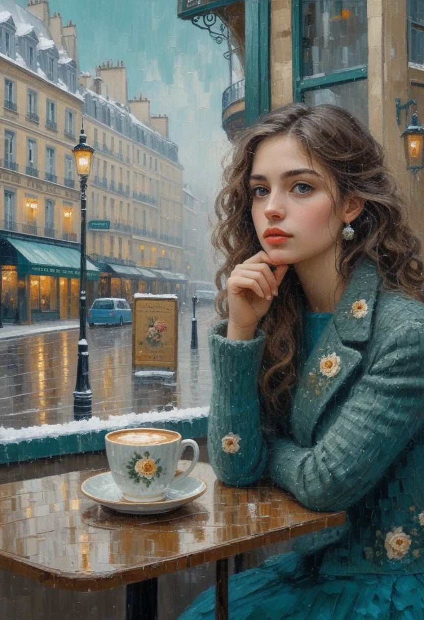 Pensive young woman in a snowy Parisian cafe