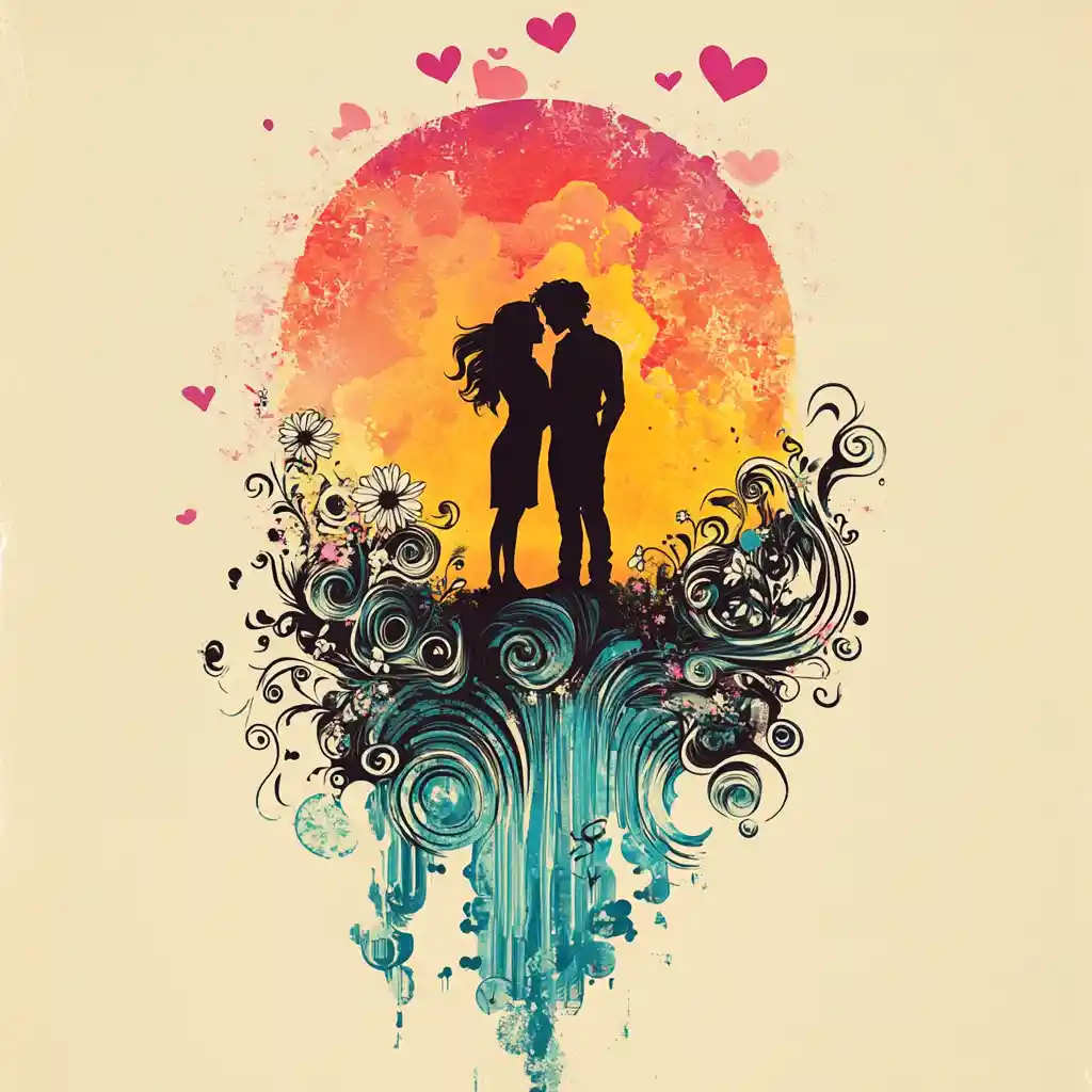 Romantic Couple Silhouette At Sunset Over A Dreamlike Sea