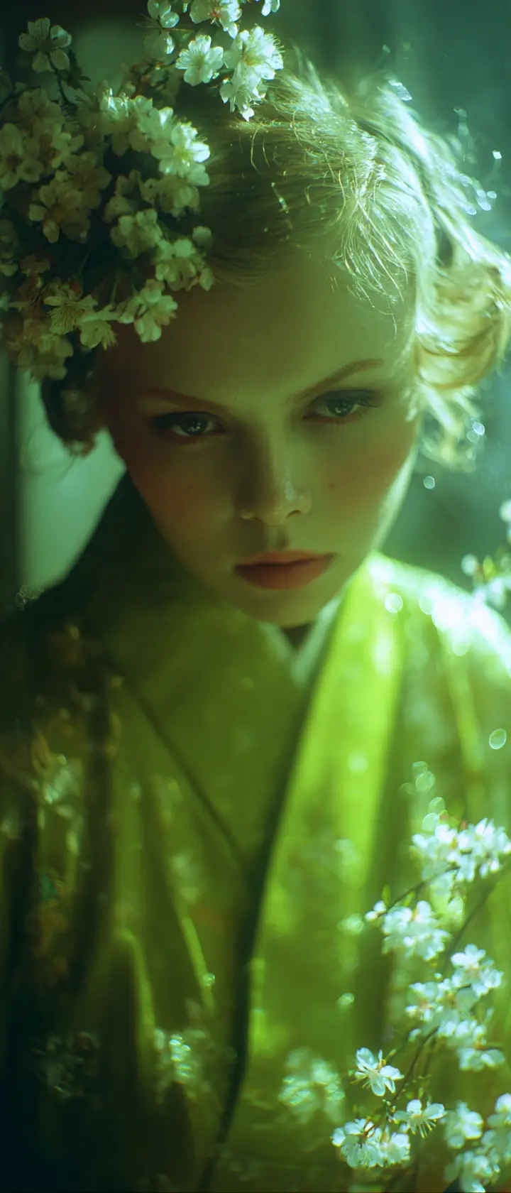 Woman in lime green kimono with glowing floral portrait