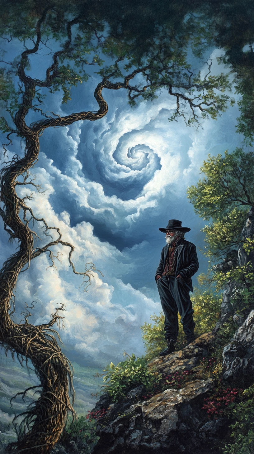 Surreal bandit standing before a tornado filled dream sky