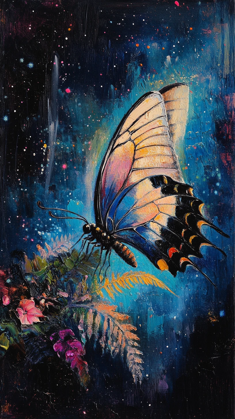 Mystical butterfly painting against a vivid starry night sky