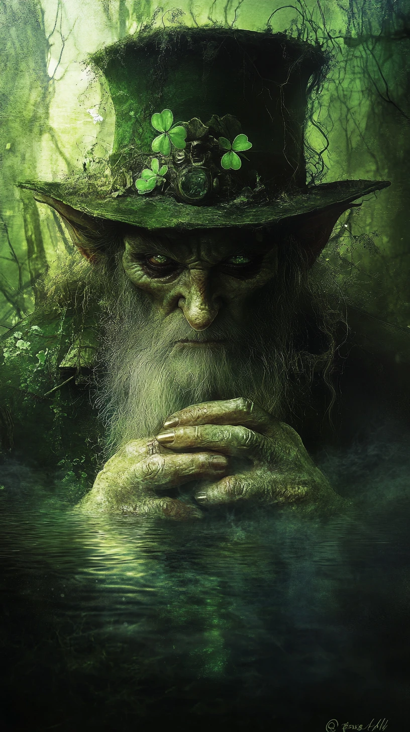 Leprechaun surreal en una oscura ilusión de fantasía de cuento de hadas