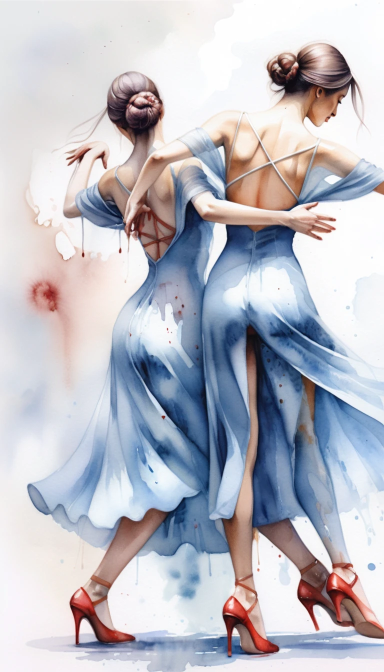 Tres mujeres con vestidos azules fluidos y pintura goteando