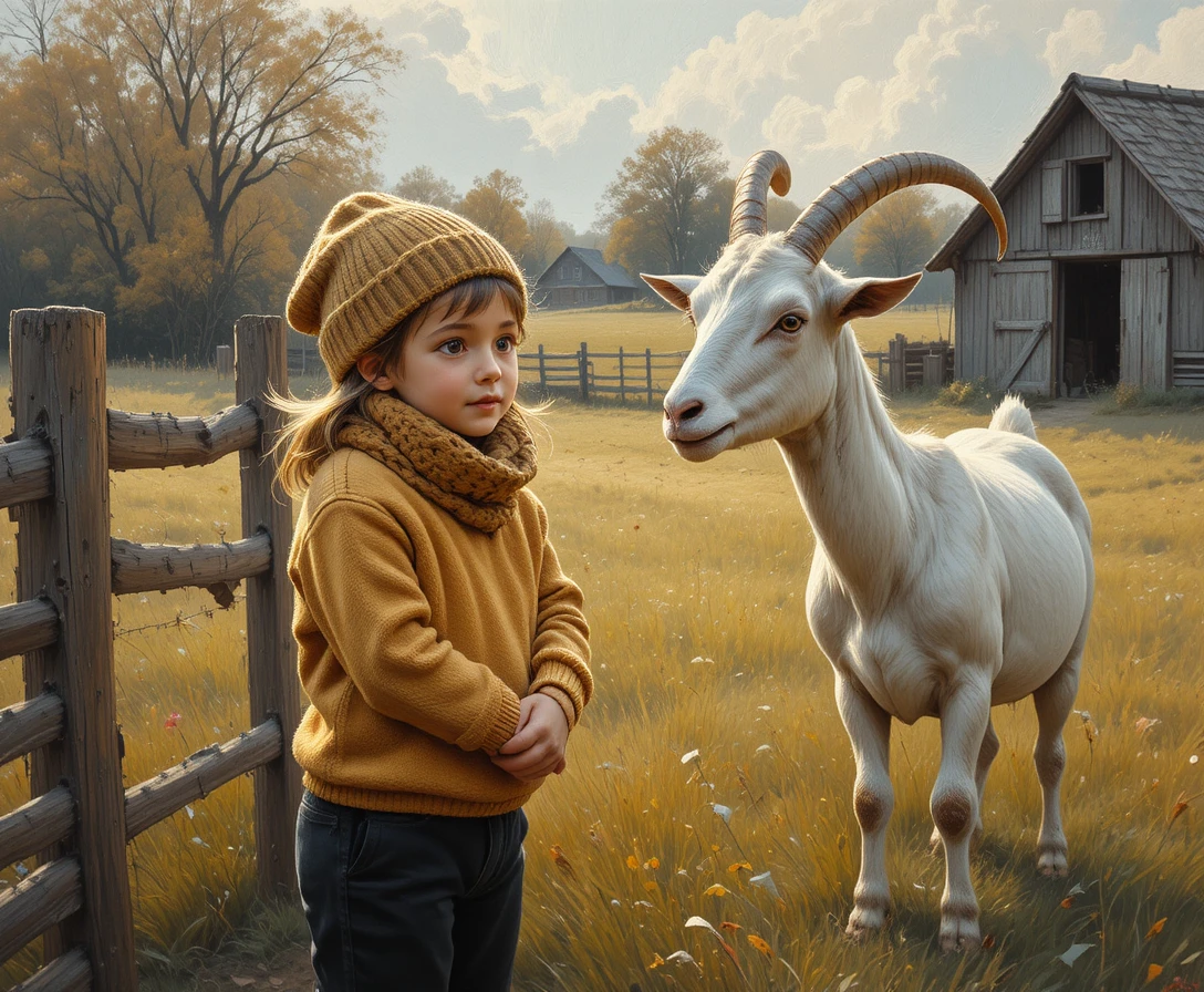 Little girl meeting a goat by a quiet village fence