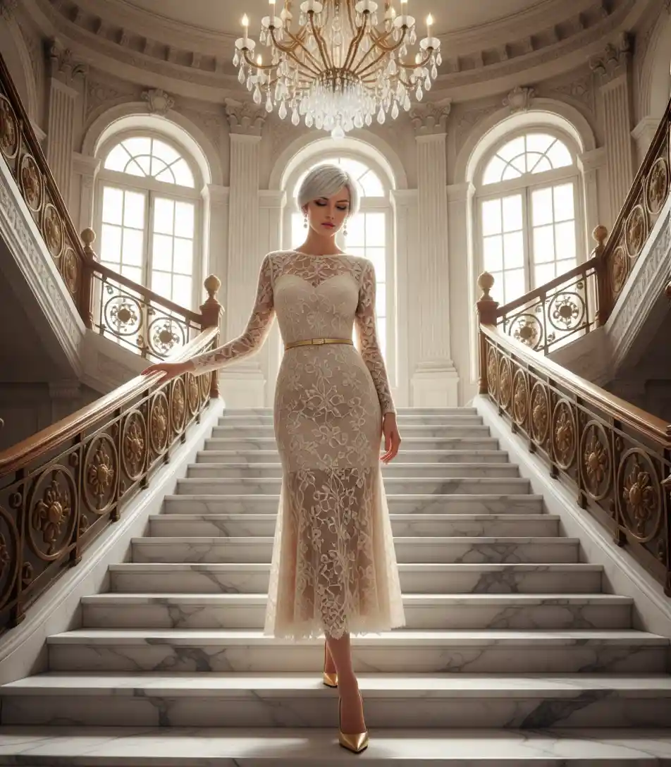 Donna elegante su grande scala di marmo in dimora storica