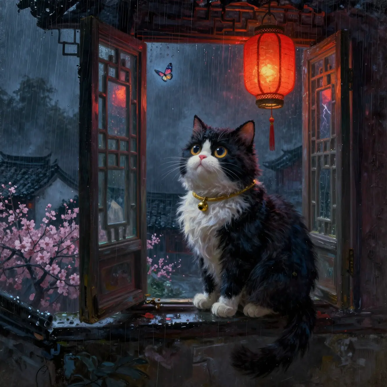 Tuxedo cat at an open window watching a stormy night