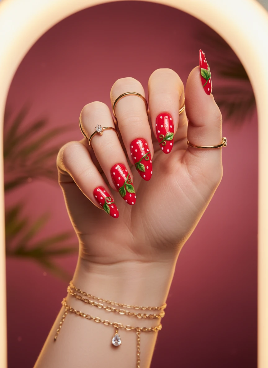 Primer plano de mano con nail art de fantasía inspirado en fresas