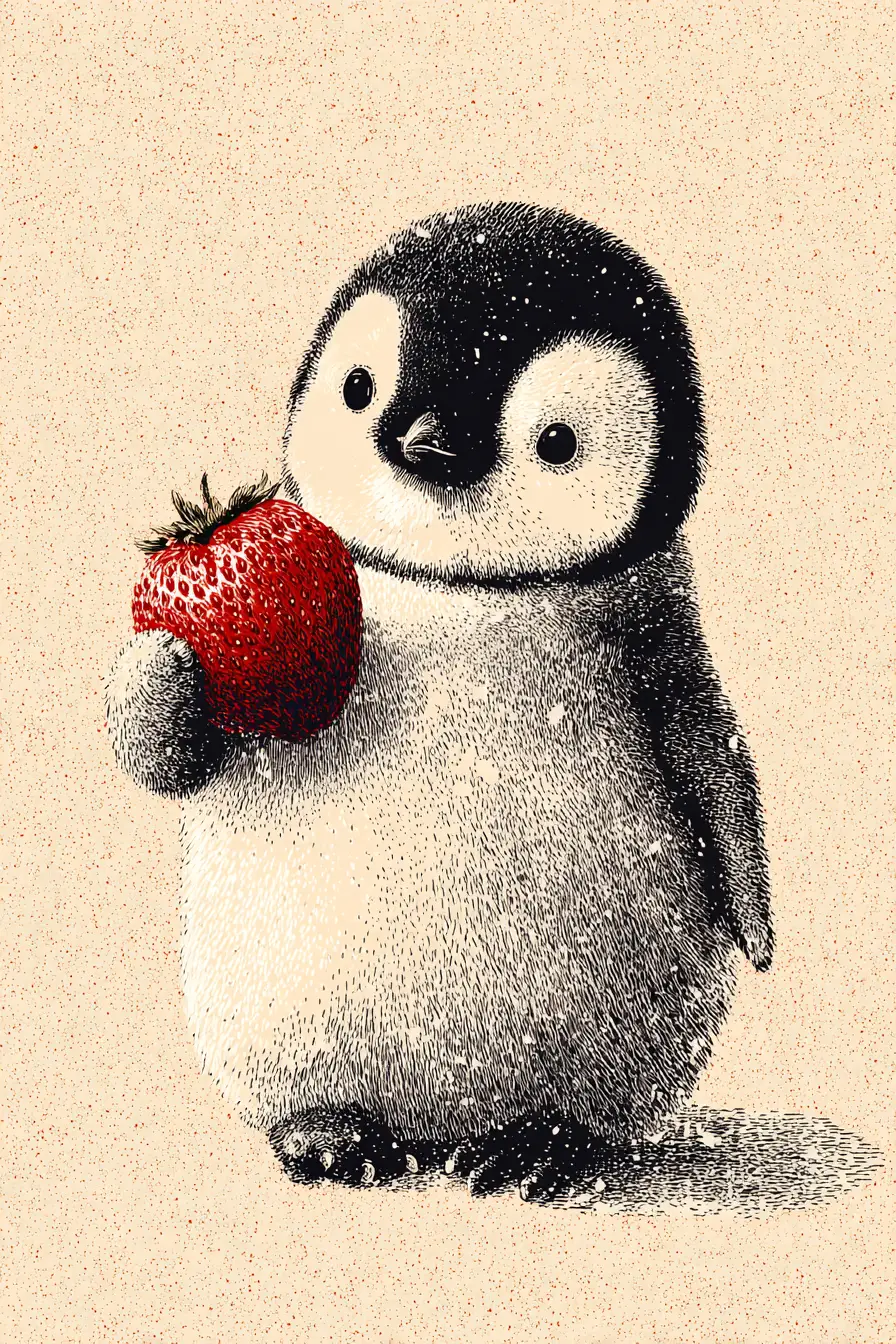 Cute penguin holding a strawberry in woolen risograph style
