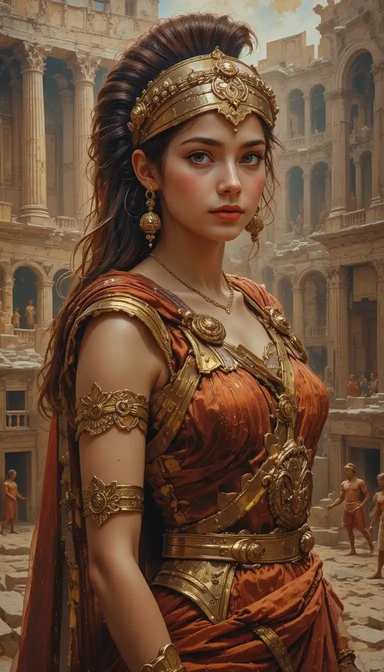 Joven guerrera romana con armadura de gladiadora en una arena antigua