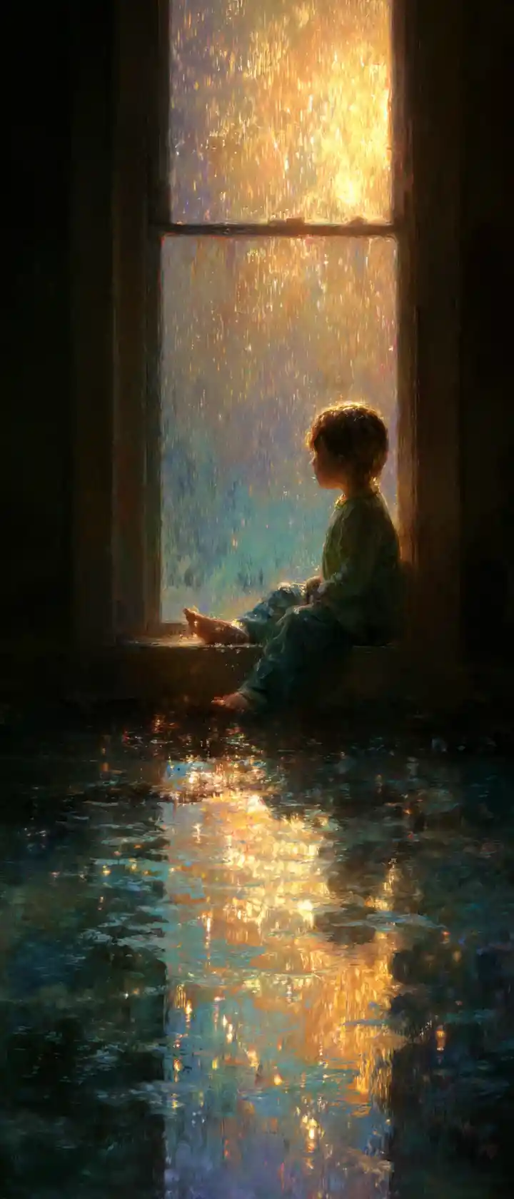 Young child by a rainy window in glowing golden light