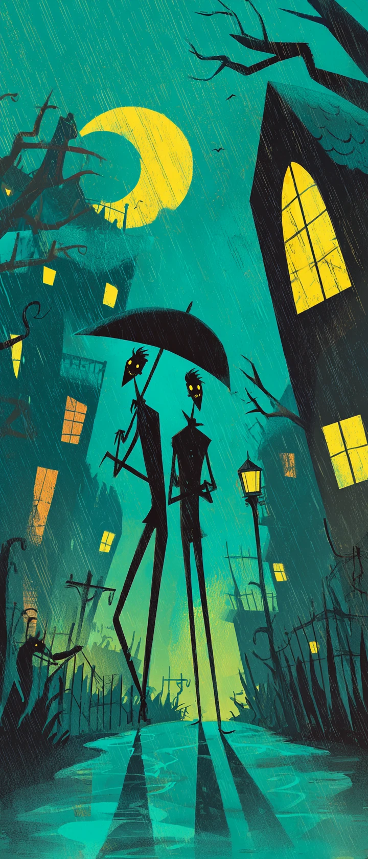 Two gothic figures walking on a rainy flooded street at night