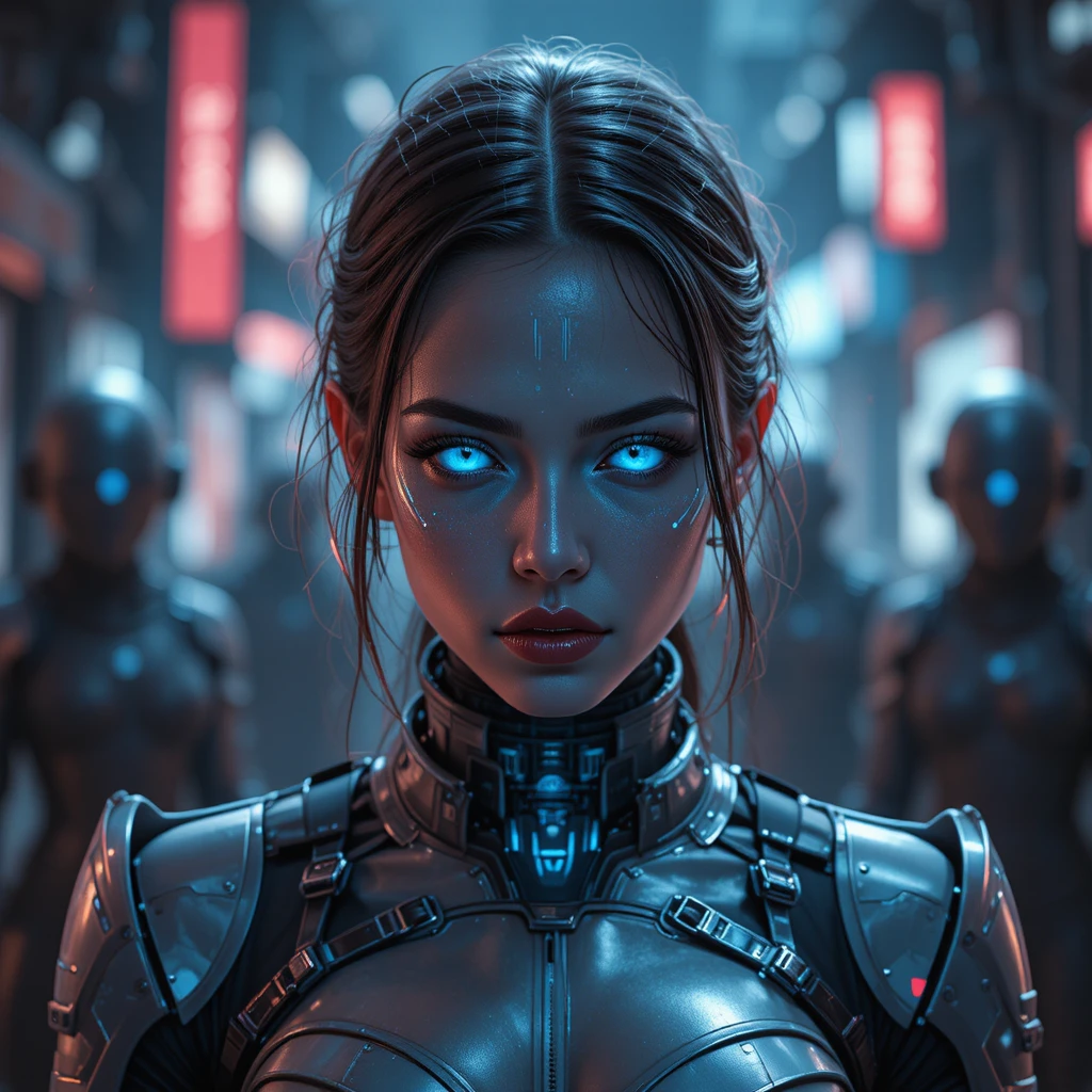 Cyberpunk female assassin in neon lit rebel hideout