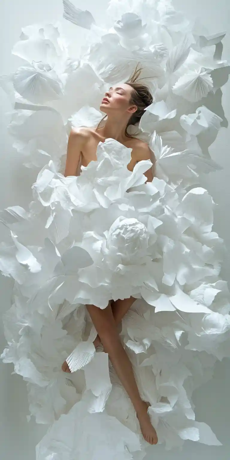 Surreal fashion woman amid sculptural paper on painted canvases