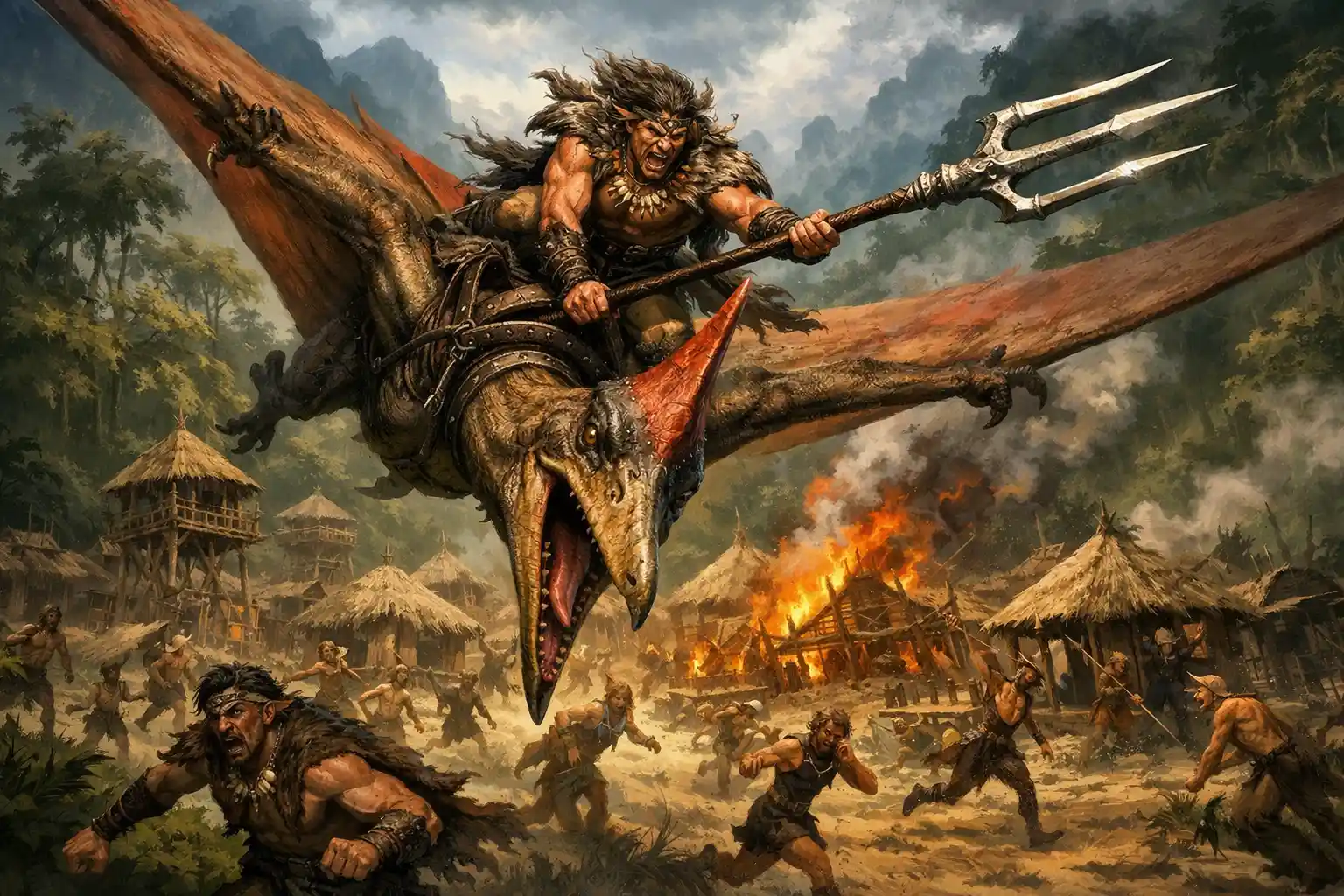 Bárbaro Montando un Pterodáctilo Sobre una Aldea en la Jungla