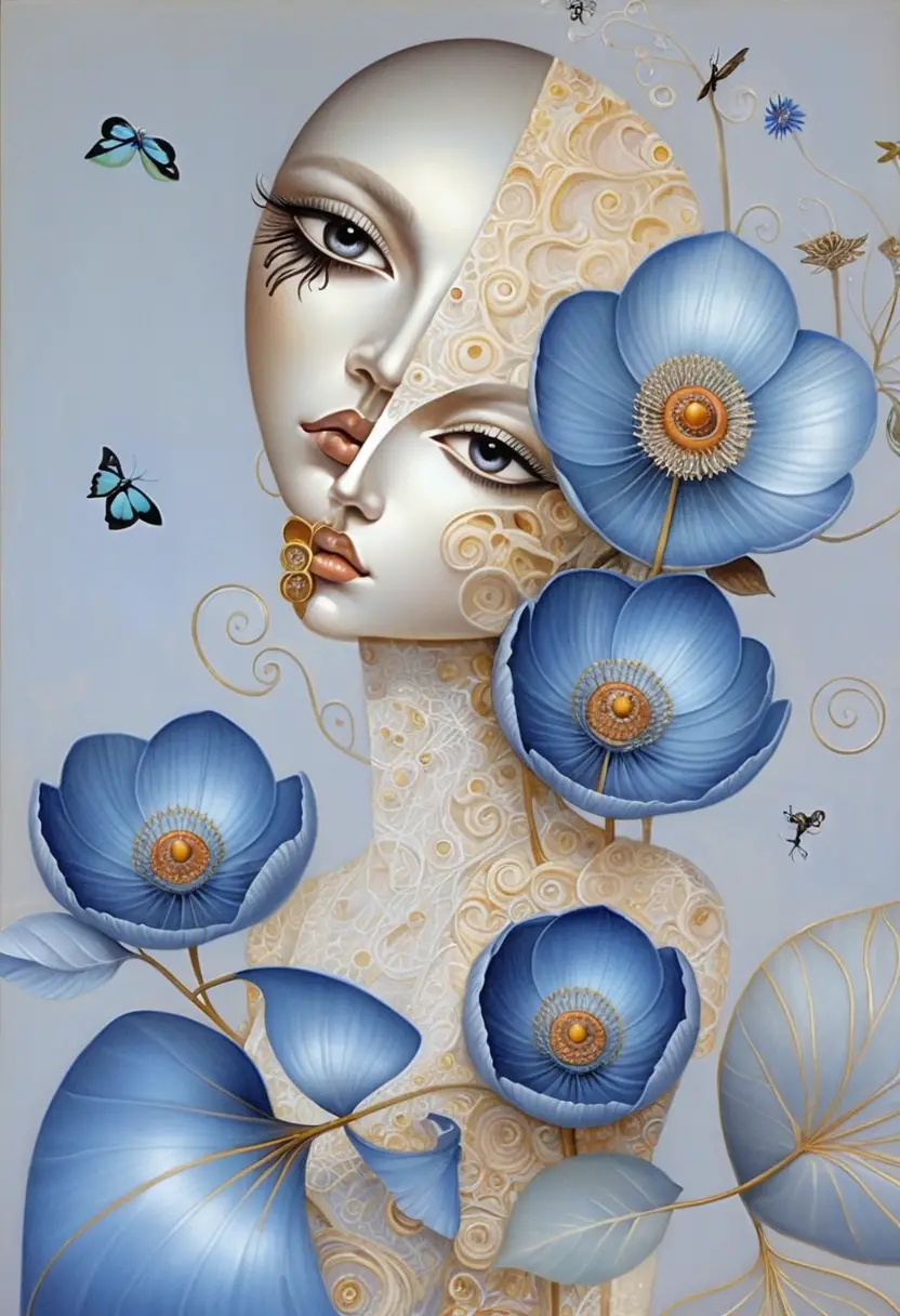 Surreal split female portrait crowned with blue poppy