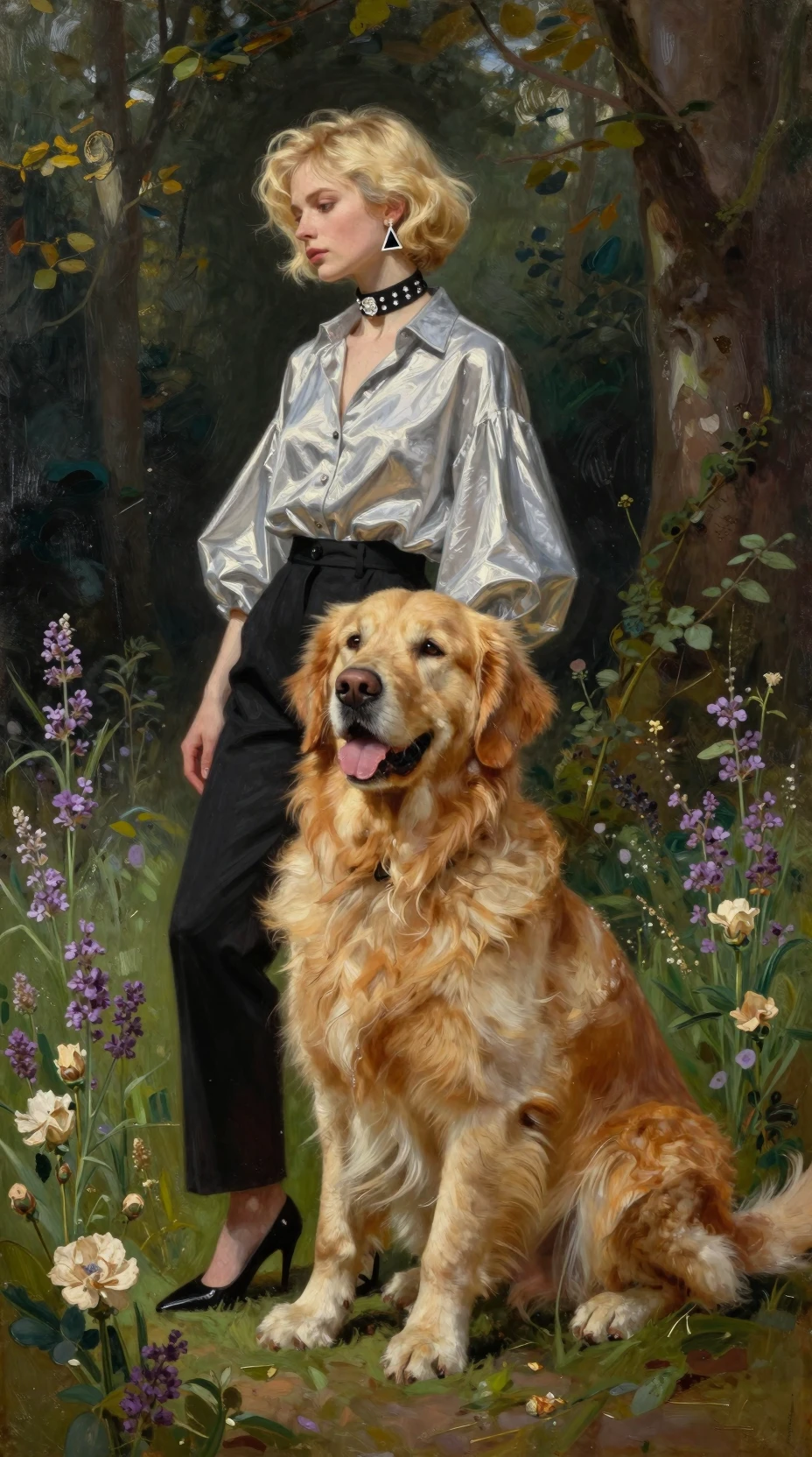 Elegante mujer rubia junto a un golden retriever