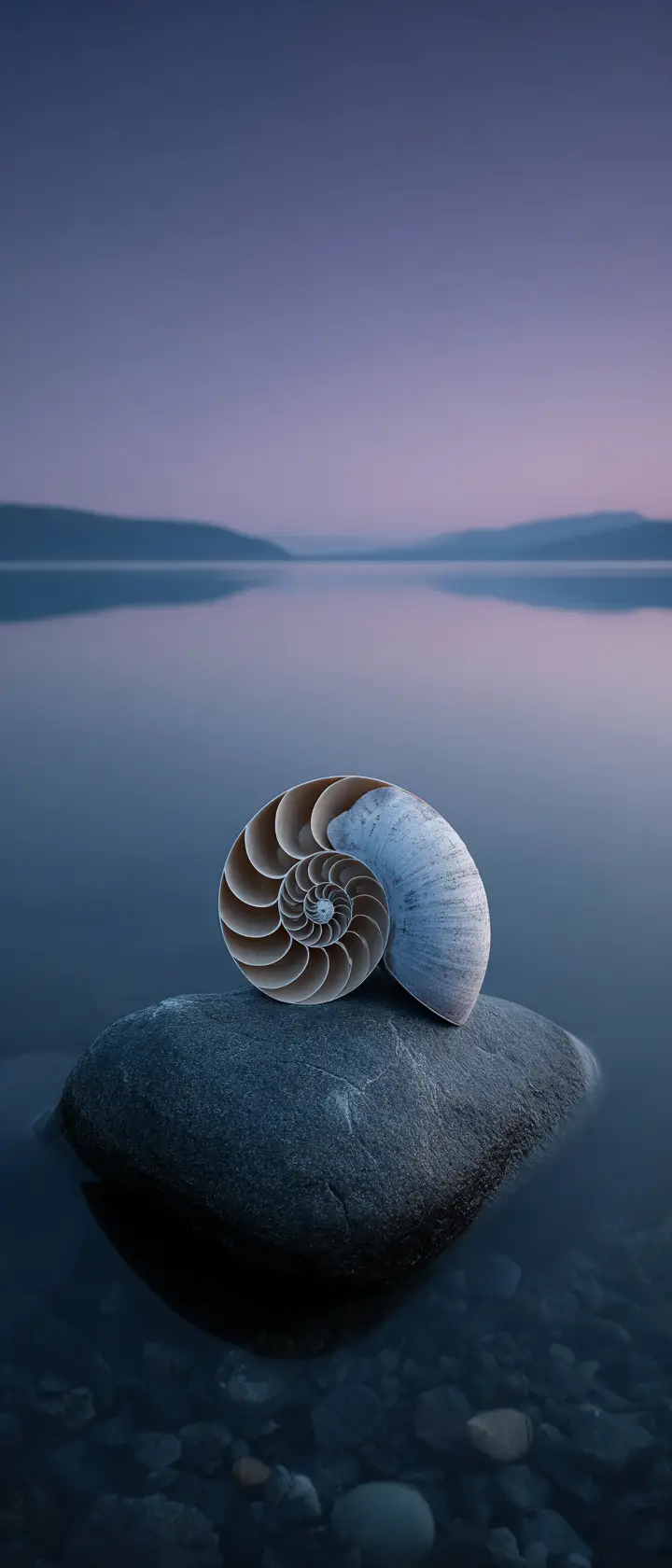 Nautilus shell on dark stone by a still twilight lake
