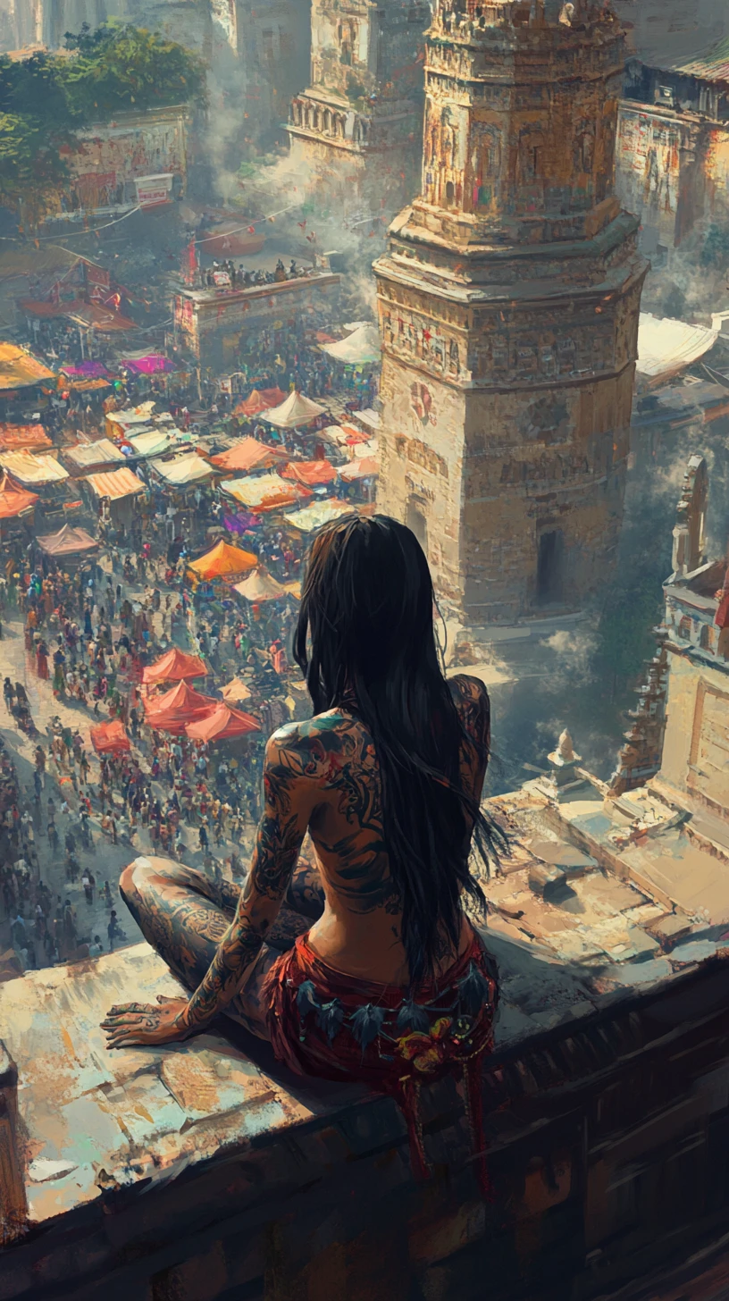 Tattooed anime girl above an ancient tower market