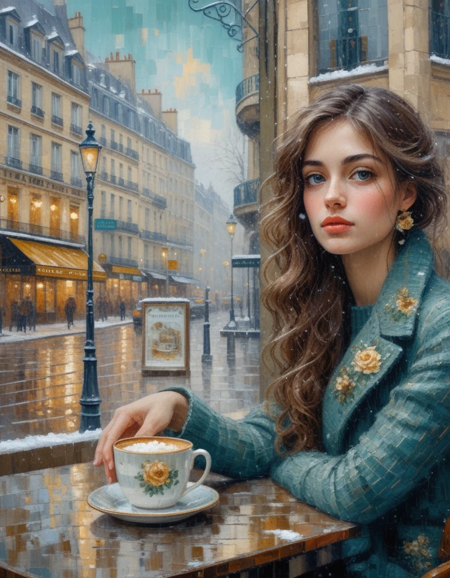 Pensive young woman in a snowy Parisian cafe painting