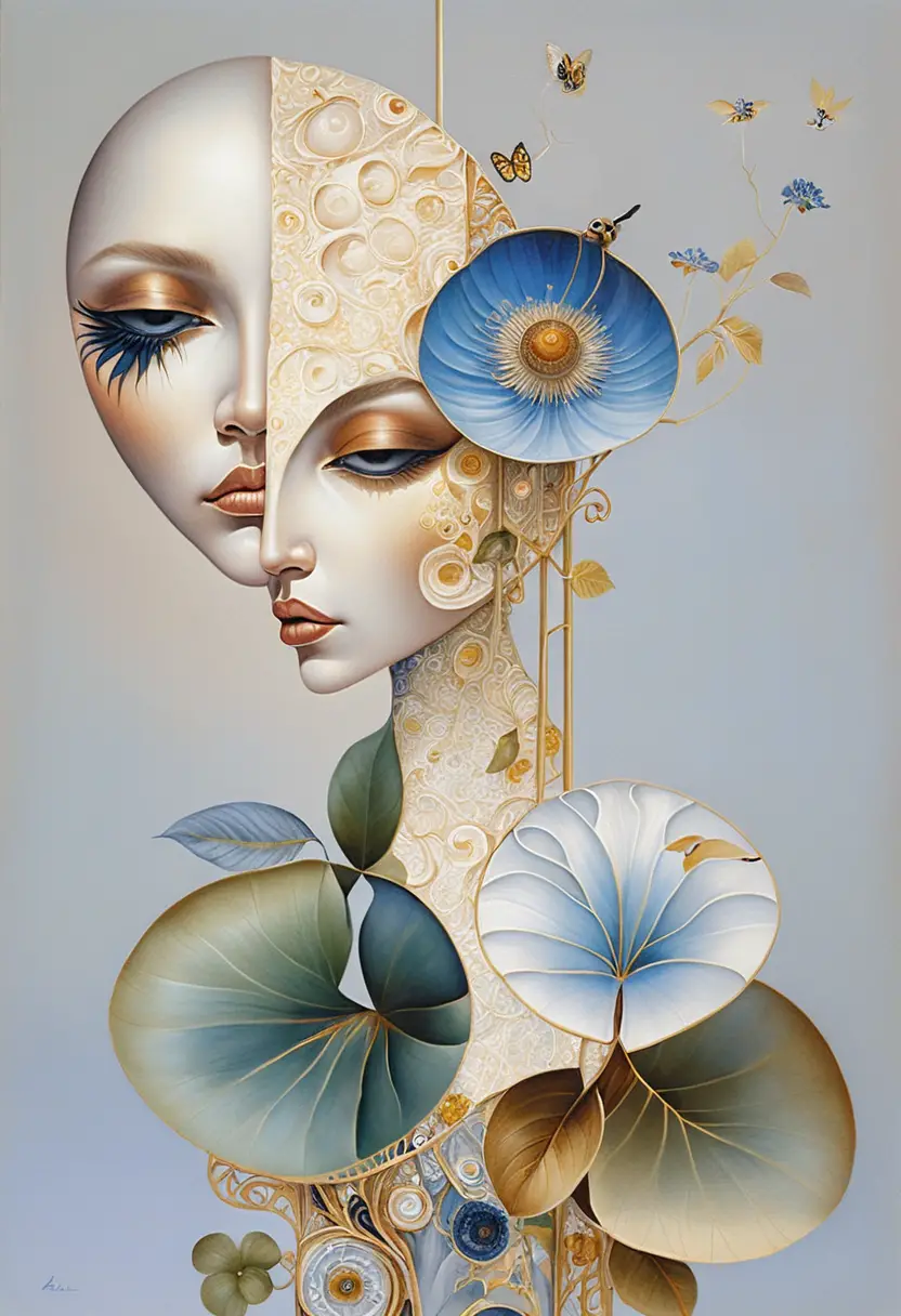 Surreal split portrait of an ethereal woman with floral crown