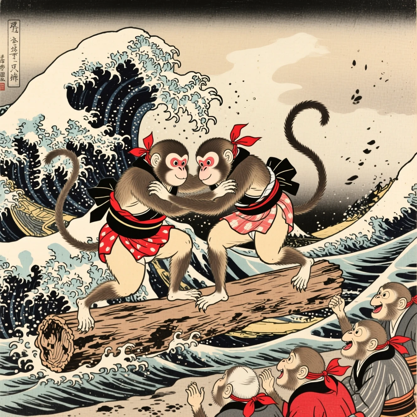 Dos monos con kimono haciendo sumo sobre olas del mar en movimiento